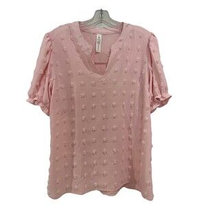 B Swiss Dot Puff Short Sleeve Split Neck Size Large Pink Chiffon Blouse Feminine
